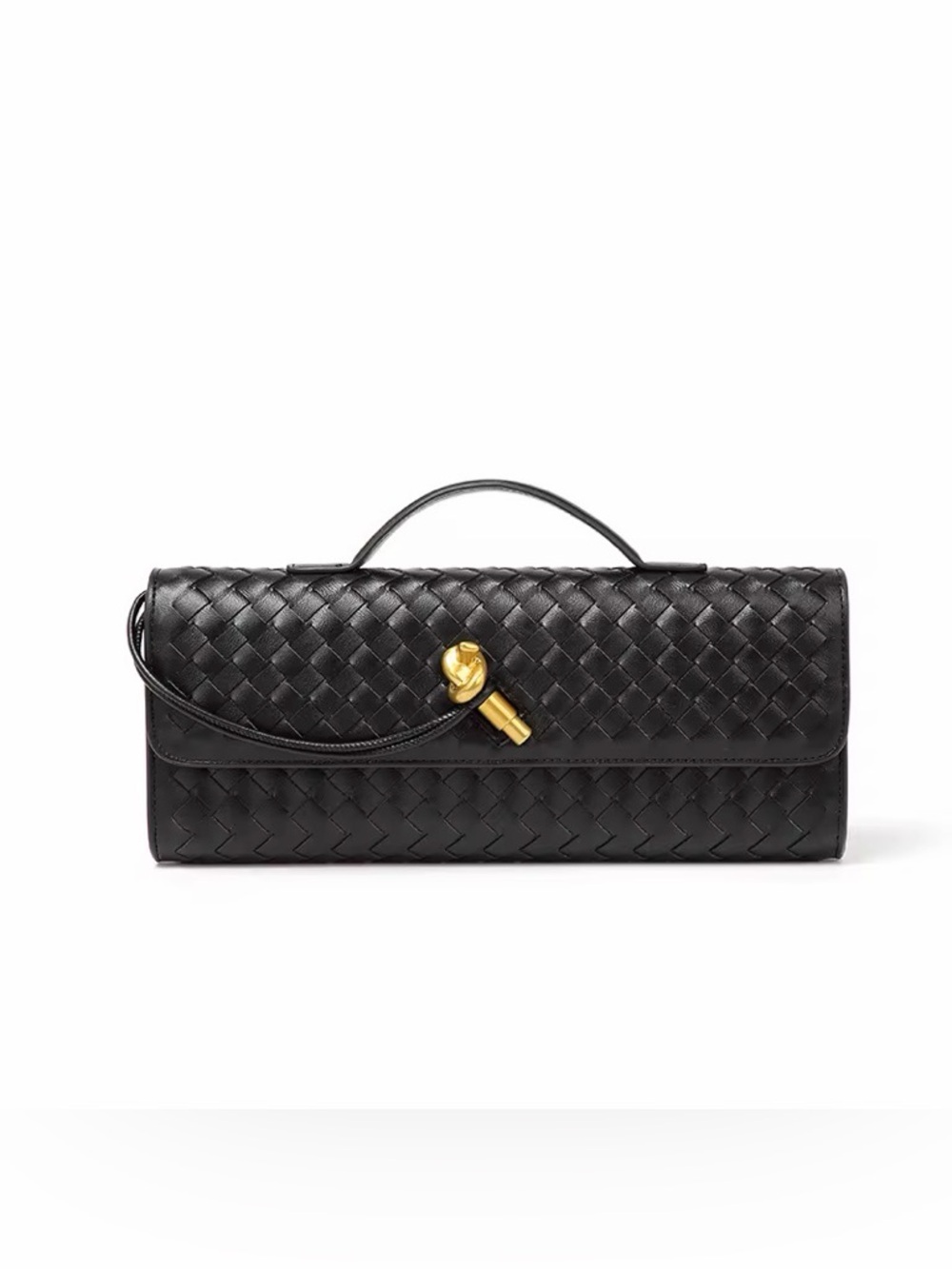 Black Woven Leather Top-Handle Clutch - Unbranded